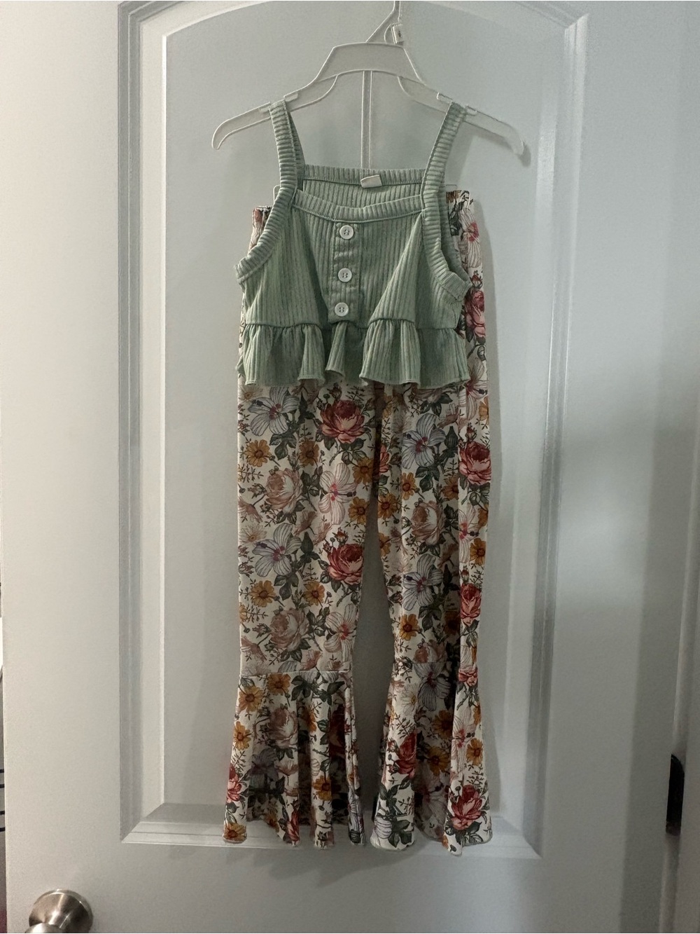 Floral and Sage Bell-Bottom & Cropped Matching Set